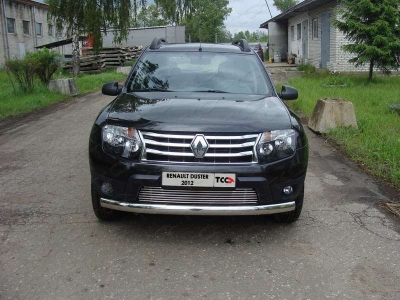 Защита передняя овальная длинная с ДХО 75х42 мм ТСС для Renault Duster 2011-2015
