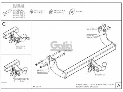Фаркоп оцинкованный Galia шар A для Ford Tourneo/Transit Custom 2013-2021